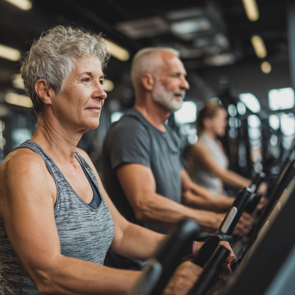 middle-aged adults exercising in modern fitness facility with professional equipment