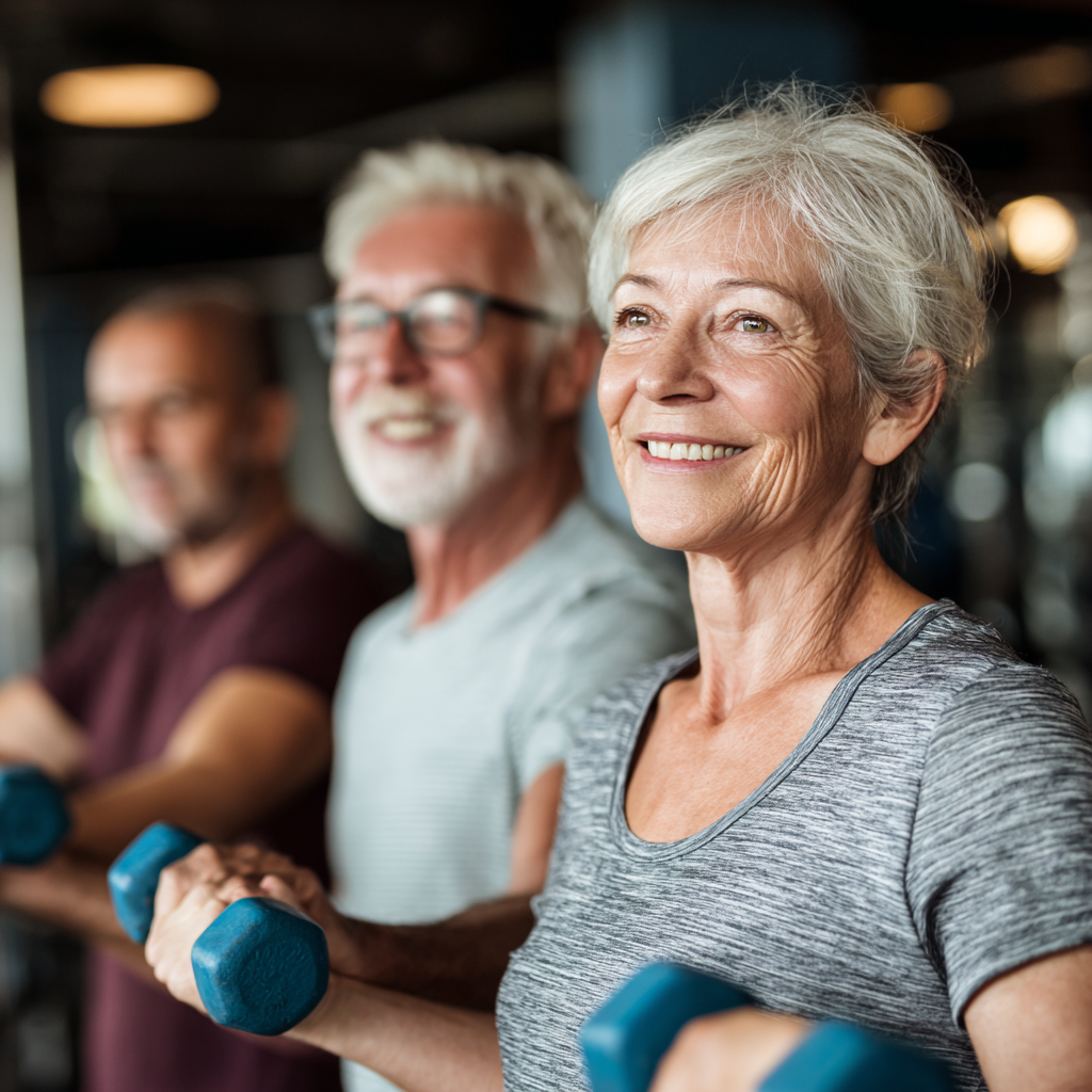 older adults participating in group fitness session with personal trainer guidance